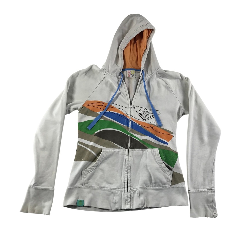 Roxy Womens Full Zip Hoodie White Graphic Sunburst Cassette Vintage Style L